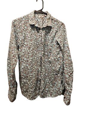 Uniqlo Womens Floral Button-Up Shirt Blue/Brown Small Cotton Blend